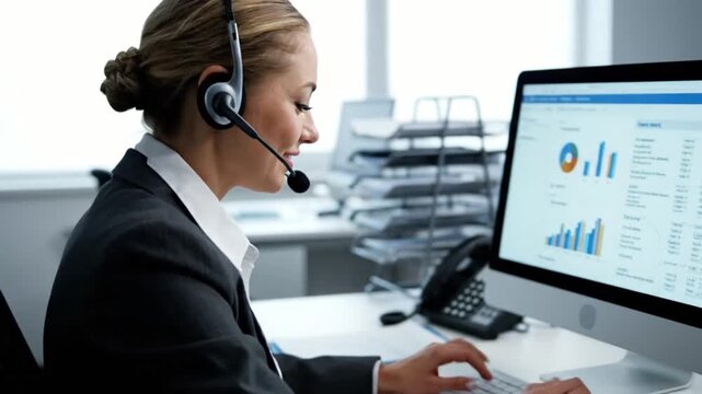 young businesswoman wearing headset working on computer with graphs and charts in modern office environment for corporate finance and data analysis usage