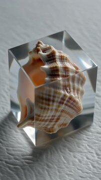 A conch shell encased in a clear glass or crystal cube on a textured surface