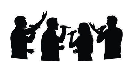 A group of four people singing into microphones captured in a striking black silhouette on transparent background high quality professional detailed © GDMala02