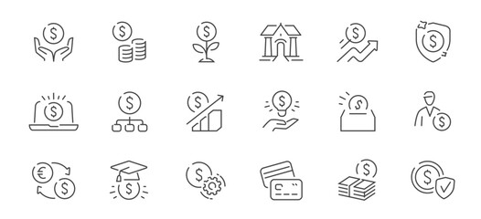 Financial line icons set. Commerce, finance concept. Money, investment, banking and business growth outline collection