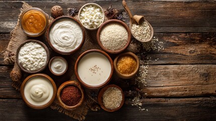 Naklejka premium Assorted probiotic foods on table, artisan fermenter spread with bowls of creamy yogurt, kefir, miso and jars of sauerkraut and kimchi, rustic wooden surface, warm natural lighting, textured ceramic