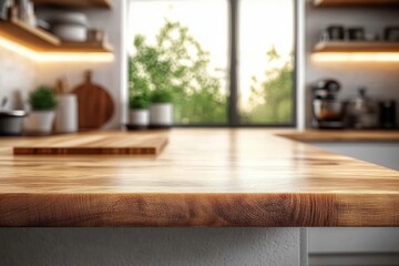 Close-up of a warm wooden kitchen countertop with visible wood grain, blurred window view of greenery, potted plants, cutting board and warm ambient lighting creating a cozy inviting mood