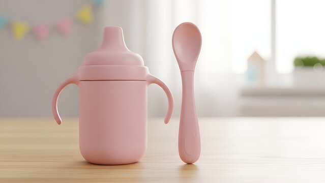 Pastel pink kids sippy cup and matching spoon on a wooden table beside a window with soft daylight