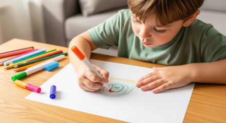 Young boy draws colorful spiral on white paper at wooden table, surrounded by various markers and a cozy living room setting