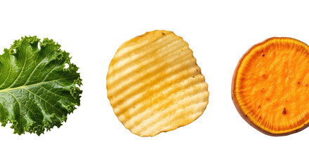 Kale leaf, potato chip, and sweet potato chip arranged in a row isolated on white background, healthy snack and chip variety concept