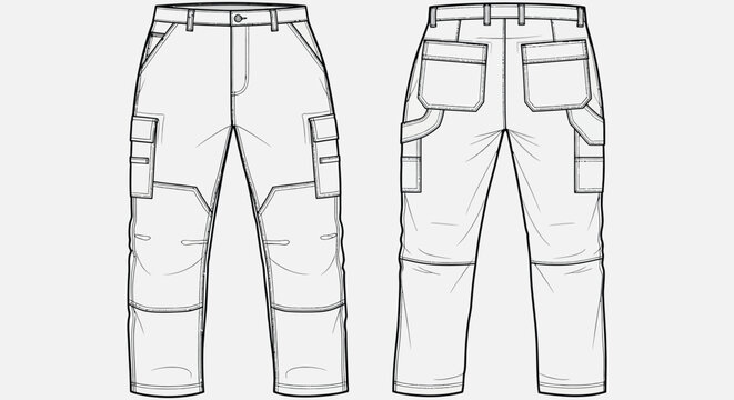 Technical illustration of cargo pants displayed in front and side views on transparent background silhouette high quality professional detailed modern elegant
