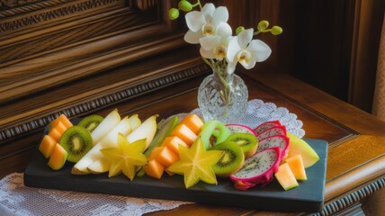 Fresh fruit arrangement on wooden table with flowers