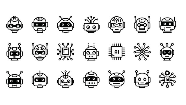 Collection of robot head icons and artificial intelligence symbols.