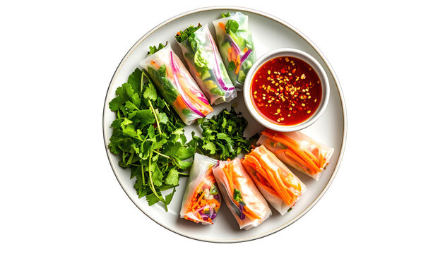 A plate of colorful Vietnamese spring rolls and dipping sauce, garnished with herbs