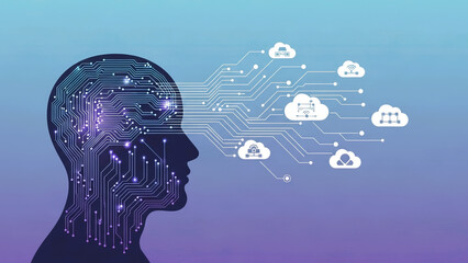 Artificial Intelligence and Cloud Computing Concept with Human Head Silhouette and Digital Network Connections