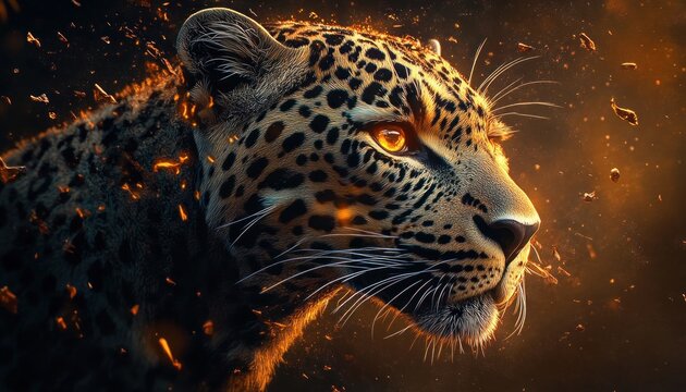 Majestic leopard profile with glowing amber eyes surrounded by floating embers and dramatic warm light, fierce focused expression