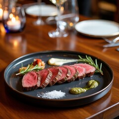 Grilled steak served with rosemary and sauce on a black plate