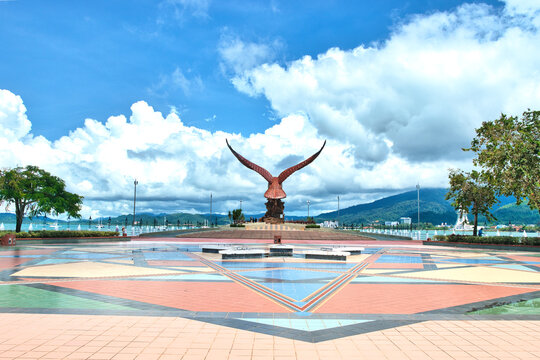
Langkawi, Malaysia - October 04, 2024: The Eagle of Langkawi. Landmark of the Malaysian Island. Huge statue of an eagle at the Eagle Square near the Kuah. This was on a hot sunny day in wet season.