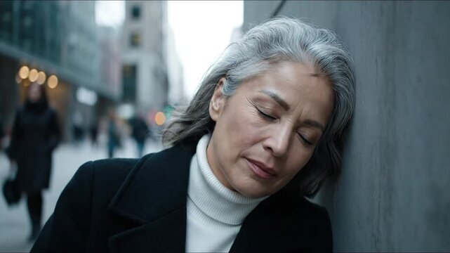 Woman leans against wall with tired.
