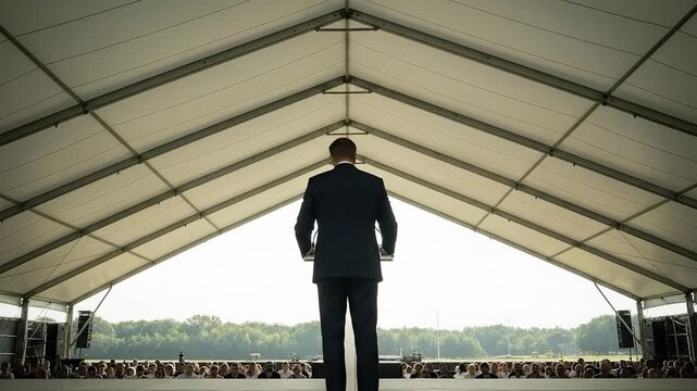 Man stands under large tent looking outward day time