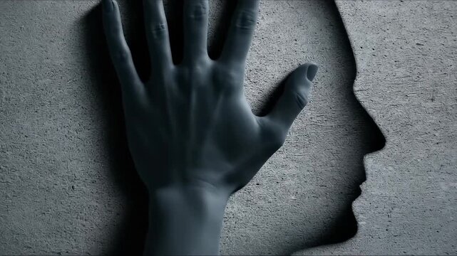 Textured gray concrete wall displays a shadowy form of a hand pressing against an empty head silhouette, expressing profound introspection, mental stress, and inner challenges.