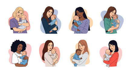 Fototapeta premium Diverse Mothers Holding Their Babies in Tender Embrace - A Collection of Warm Family Moments