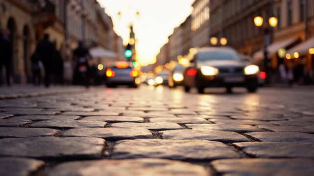 Low-angle view of a cobblestone street with blurred city lights and cars in the background