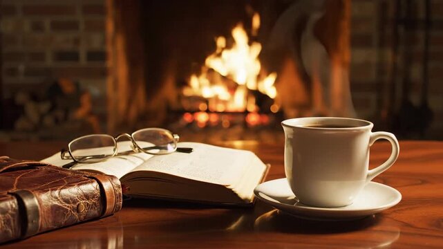 Cozy scene with coffee, book, glasses, and a leather journal by a brick fireplace with burning logs