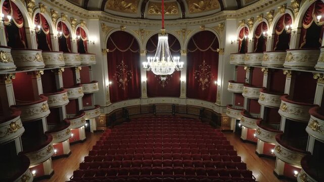 Luxurious theater interior with red seats and gold decorations
