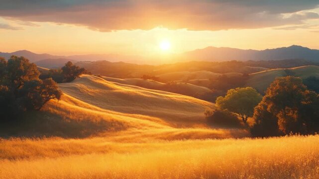 Golden Hour Panorama, A breathtaking view of rolling hills under a radiant sunset, the warm glow of the sun paints the landscape with hues of gold and amber. 
