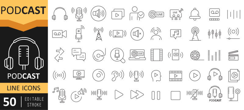 Podcast Icon Set &ndash; Audio Broadcasting, Microphone and Streaming Symbols Vector EPS, Podcast and Audio Streaming Icons &ndash; Microphone, Talk Show and Interview Set, Radio and Podcast Icon Pack &ndash; Conversat