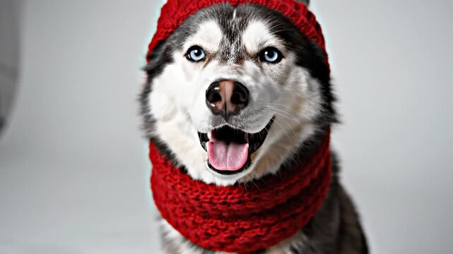 A close-up of a dog with blue eyes wearing a red hat and scarf on a plain background