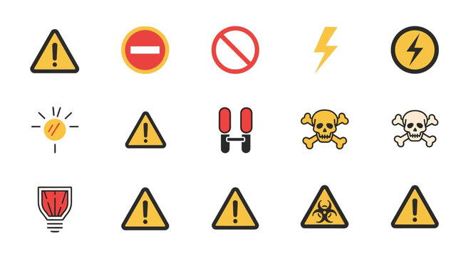 Collection of warning signs and symbols for safety and danger.