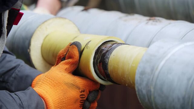 Technical repair process shows workers stabilizing insulated pipes. Rough materials and winter conditions amplify industrial realism