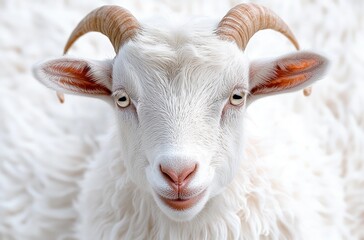 Fototapeta premium Close-up portrait of a white goat with curved horns and soft wool looking calmly at the camera