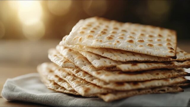A stack of traditional matzah, unleavened bread, symbolizing freedom and the haste of the Jewish exodus, central to the sacred Passover Seder meal celebration