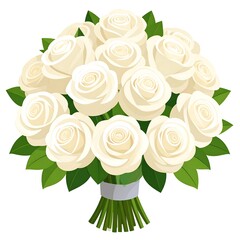 A bouquet of white roses with green leaves and a white ribbon