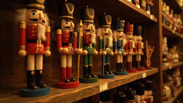 Close-up shot of a row of colorful wooden nutcrackers on a shelf with a shallow depth of field, conveying a festive and playful mood.