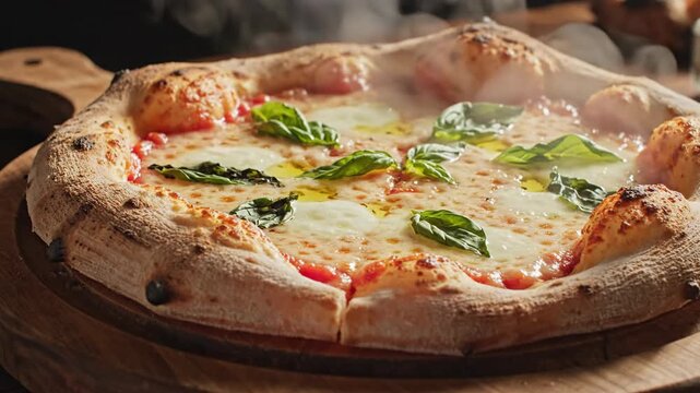 Close up of a steaming square pizza with fresh basil and mozzarella on a wooden serving board