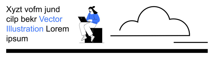 Remote work, cloud storage, digital workspace, technology, online communication, minimalism. Woman working on laptop, cloud and text elements. Remote work and cloud storage concept