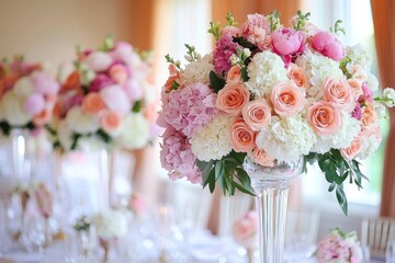 Obraz premium Elegant tall glass vase overflowing with pink roses, white hydrangeas, peonies and greenery on a softly lit banquet table, romantic celebratory floral centerpieces