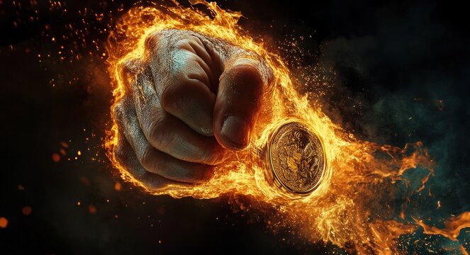 clenched human fist gripping a burning gold coin surrounded by roaring flames, sparks and smoke, dramatic dark background conveying fierce power and determination
