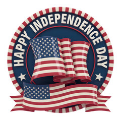 Happy independence day emblem with waving american flags and stars