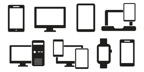 Digital Devices Icon Set &ndash; Smartphone, Laptop, Desktop Computer, Tablet, Smartwatch Vector EPS, Tech Gadgets Line Icons Set &ndash; Mobile, PC, Smartwatch and Accessories