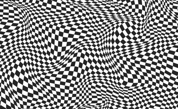 Black and white pattern surface chessboard. Checkered distortion abstract banner. Checkered background with distortion effect. Vector illustration.