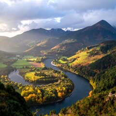 Naklejka premium Serpentine river winds through autumn forest and rolling hills under dramatic sky