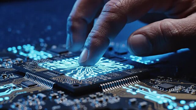 Hand hovers over a glowing circuit board with intricate details, bathed in blue light, creating an ethereal effect