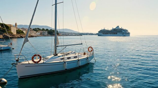 Scenic view of a sailing boat in a marina with a cruise ship and city in the background on a sunny day