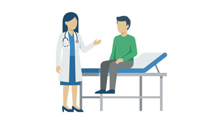 Fototapeta premium Healthcare consultation scene featuring a doctor and patient on an examination table, rendered in a modern, geometric flat illustration