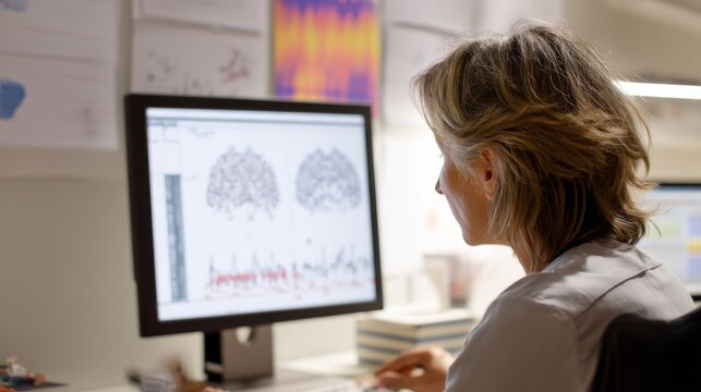 Medical professional reviews neurological data charts in a healthcare office during working hours