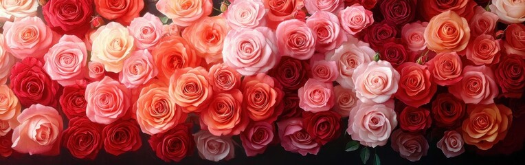 Naklejka premium Dense arrangement of red, pink, peach and cream roses filling the frame, lush layered petals evoking romantic warmth and elegant beauty
