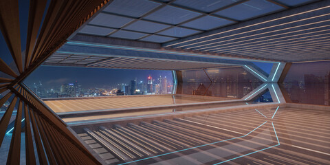 Fototapeta premium 3d render futuristic concrete terrace with city skyline at night