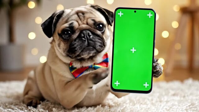 Pug with a colorful bow tie holds a green screen smartphone on a white fluffy carpet with bokeh in the background