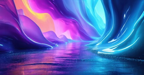 Fototapeta premium Abstract fluid shapes, vibrant colors create surreal tunnel. Reflections shimmer, evoking dreamlike atmosphere. Light plays across surfaces.