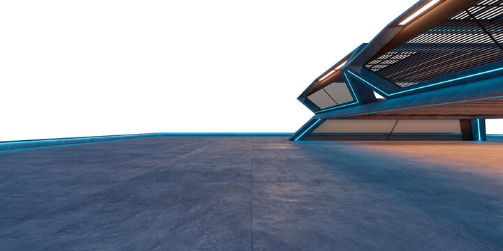 3d render futuristic concrete floor and glowing neon lights at night